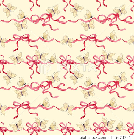 Seamless pattern of satin bows and white butterflies. Watercolor background of pink silk ribbons. Decor for birthdays, weddings, Valentine's day. Decoration in boho style on a beige background. 115073765
