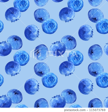 Watercolor seamless pattern with natural fresh blueberries. Bright blue, ripe berries on a blue background. Illustration with wild bilberries for printing on fabric, wallpaper, packaging. 115073769