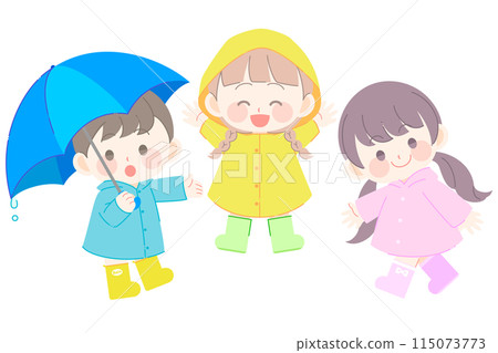 幼兒園小朋友穿著雨衣打著雨傘 115073773