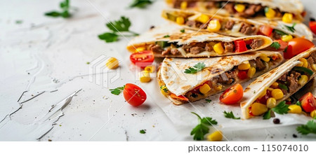 quesadillas with meat, tomatoes, corn and pepper on light background 115074010