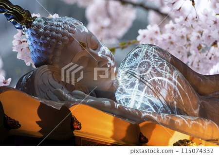 Nirvana white marble reclining Buddha, beautiful flower background. 115074332