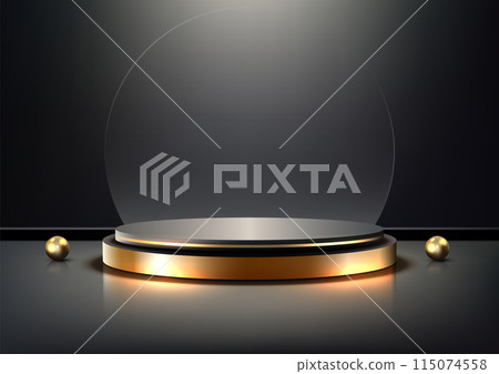 Luxury Black and Gold 3D Podium for Product Display with Circle Glass and Golden Balls in Elegant Showroom Lighting Luxury Black and Gold 3D Podium for Product Display with Circle Glass and Golden Balls in Elegant Showroom Lighting 115074558