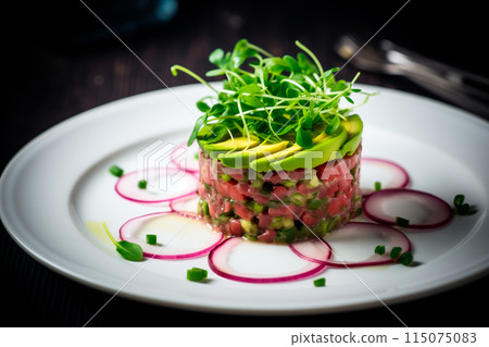 Close-up of gourmet tuna tartare topped with avocado and fresh greens, elegantly plated with a drizzle of olive oil 115075083
