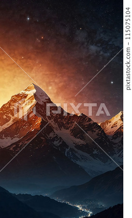 Panoramic view of great Himalayan range at evening, with the mountains glowing in the warm light of the starry night with a lot of stars 115075104