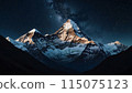 Panoramic view of great Himalayan range at evening, with the mountains glowing in the warm light of the starry night with a lot of stars 115075123