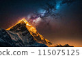 Panoramic view of great Himalayan range at evening, with the mountains glowing in the warm light of the starry night with a lot of stars 115075125