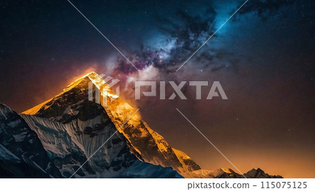 Panoramic view of great Himalayan range at evening, with the mountains glowing in the warm light of the starry night with a lot of stars Panoramic view of great Himalayan range at evening, with the mountains glowing in the warm light of the starry night with a lot of stars 115075125