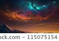 Panoramic view of great Himalayan range at evening, with the mountains glowing in the warm light of the starry night with a lot of stars 115075154