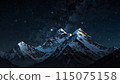 Panoramic view of great Himalayan range at evening, with the mountains glowing in the warm light of the starry night with a lot of stars 115075158