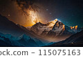 Panoramic view of great Himalayan range at evening, with the mountains glowing in the warm light of the starry night with a lot of stars 115075163