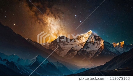 Panoramic view of great Himalayan range at evening, with the mountains glowing in the warm light of the starry night with a lot of stars 115075163