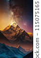 Panoramic view of great Himalayan range at evening, with the mountains glowing in the warm light of the starry night with a lot of stars 115075165