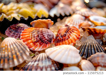 A vibrant assortment of colorful sea shells, showcasing shellfish natural beauty and intricate patterns 115075213
