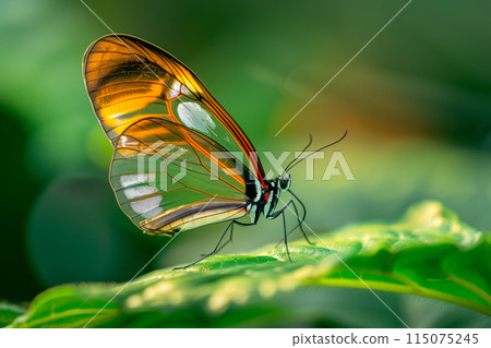 Beautiful transparent butterfly rests among the foliage of a garden 115075245