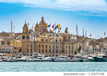 Ancient city of Birgu and Vittoriosa exhibiting traditional architecture and historic churches in Malta 115075786