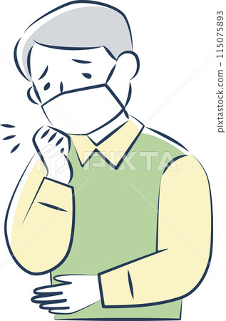Upper body of a senior man wearing a mask and coughing Upper body of a senior man wearing a mask and coughing 115075893