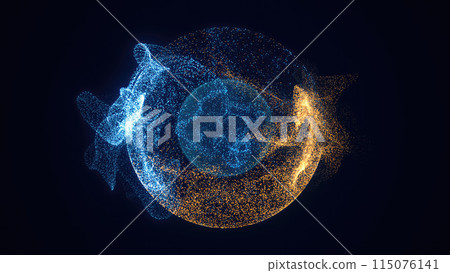 Abstract colored bright glowing background with a sphere core atom energy burning ball circle made of waves of energy rays and plasma with light 115076141