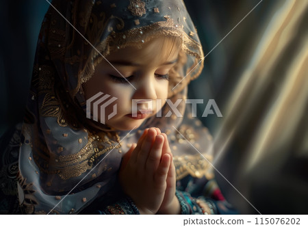 A cute little Muslim girl prays, her small hands raised in devotion. The innocence and purity of a child faith. Generative AI. 115076202