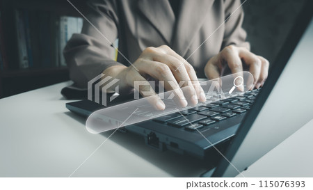 Search engine optimization seo, Searching by typing keyboard laptop, using a computer to search for information, using website bar to find the desired information or Internet online. 115076393