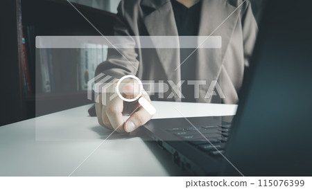 Search engine optimization seo, Searching by typing keyboard laptop, using a computer to search for information, using website bar to find the desired information or Internet online. Search engine optimization seo, Searching by typing keyboard laptop, using a computer to search for information, using website bar to find the desired information or Internet online. 115076399