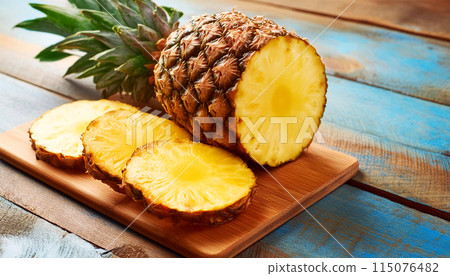 A Ripe Pineapple and Pineapple Slices on a Wooden Cutting Board - Generative Ai 115076482