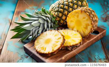A Ripe Pineapple and Pineapple Slices on a Wooden Cutting Board - Generative Ai 115076483