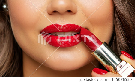 Beautiful Girl Applying Red Lipstick on Soft Plump Lips - Generative Ai 115076530