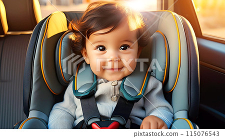 Car Safety Seat Concept - Child in Rear-Facing Car Seat Has Seat Belt On - Generative Ai 115076543