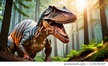 Closeup of a Carnivorous Tyrannosaurus Rex Dinosaur in a Forest - Generative Ai 115076597