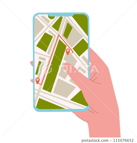 Online ordering taxi car, rent and sharing using service mobile application. Smartphone screen with route and points location on city map on car and urban landscape background. Online ordering taxi car, rent and sharing using service mobile application. Smartphone screen with route and points location on city map on car and urban landscape background. 115076652