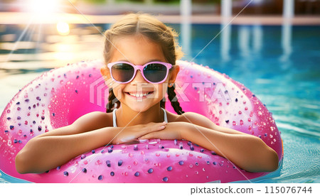 Portrait of a Happy Little Girl in a Pink-Magenta Inflatable Ring in a Swimming Pool - Generative Ai 115076744