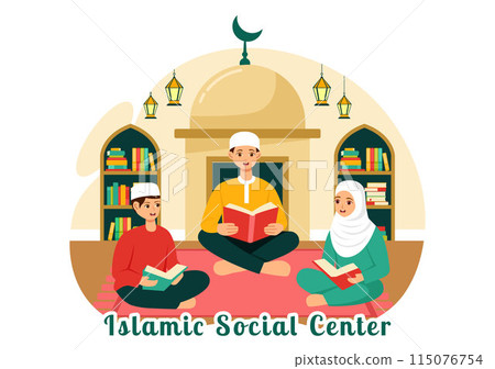 Islamic Social Center Vector Illustration Featuring Mosques, Educational Institutions for Islamic Studies and Development in flat Cartoon Background 115076754