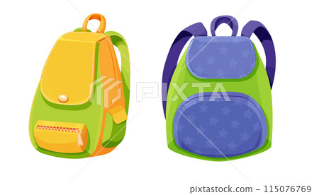 School backpack knapsack study bag, equipment, kids bag with pockets bright colors isolated on white background. Accesory for suplies, baggage. 115076769