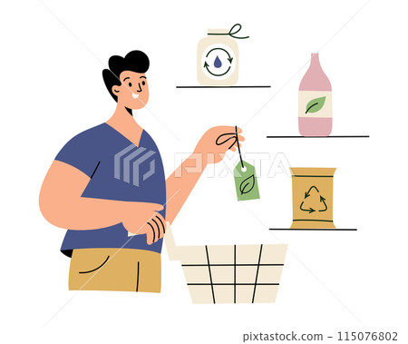 Man in supermarket buying green products, choosing sustainable food, eco products icons, vector illustration of cartoon character in store with eco friendly grocery, support green production Man in supermarket buying green products, choosing sustainable food, eco products icons, vector illustration of cartoon character in store with eco friendly grocery, support green production 115076802