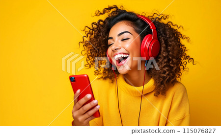 Portrait of Happy Cute Beautiful Woman Listening to Music and Singing in Mobile Phone - Generative Ai 115076827