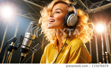 Young Blonde Woman with Headphones Recording New Song with Microphone - Generative Ai 115076879