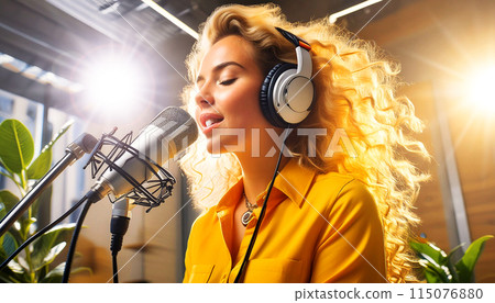 Young Blonde Woman with Headphones Recording New Song with Microphone - Generative Ai 115076880