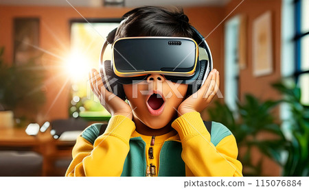 Young Boy Wearing a Virtual Reality Headset Deeply Immersed in a Digital World - Generative Ai 115076884