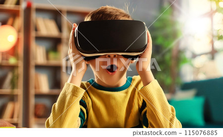 Young Boy Wearing a Virtual Reality Headset Deeply Immersed in a Digital World - Generative Ai 115076885