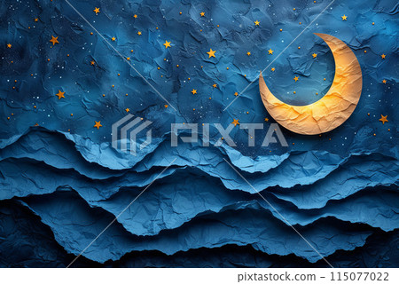 Paper cutout of a moon on a blue ocean with stars in the background 115077022