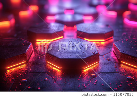 Purple background with orange hexagons. The squares are lit up and appear to be glowing. The image has a futuristic and technological feel to it 115077035