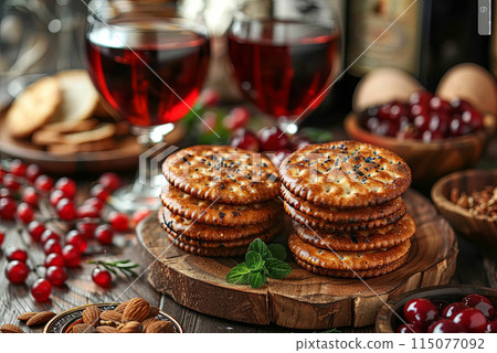 Jewish holiday Passover concept with matzah and red cosher Jewish holiday Passover concept with matzah and red cosher 115077092