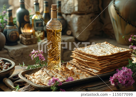 Passover matzos of celebration with matzo unleavened bread in a tray and bottle of wine Passover matzos of celebration with matzo unleavened bread in a tray and bottle of wine 115077099