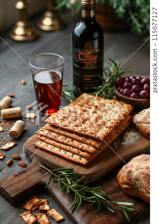 Traditional passover seder festive table with matzah and wine Traditional passover seder festive table with matzah and wine 115077127