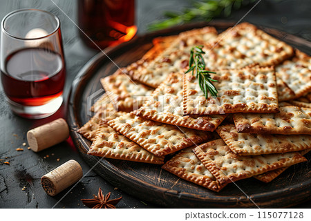 Pesach background. Passover celebration with wine and matzo on the wooden background 115077128