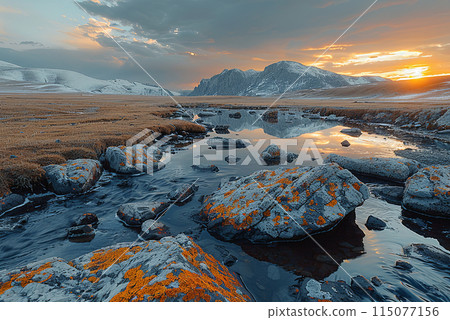 Rocky river with a beautiful sunset in the background 115077156