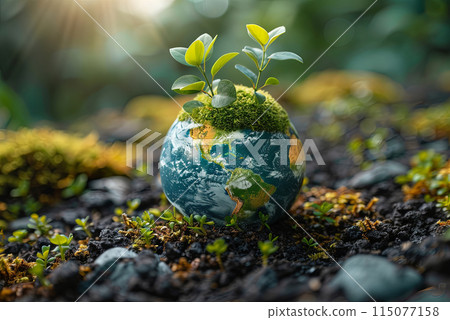 Small globe with green plants growing on it. The globe is surrounded by dirt and rocks Small globe with green plants growing on it. The globe is surrounded by dirt and rocks 115077158