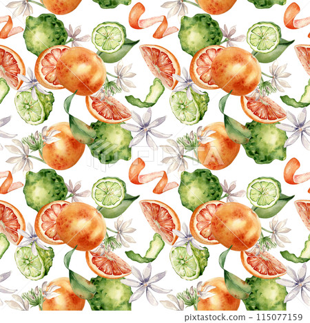 Mixed citrus fruits with white flowers watercolor seamless pattern isolated on white. Hand drawn grapefruit, bergamot with bright orange green peel in botanical sketch style for package, print. 115077159