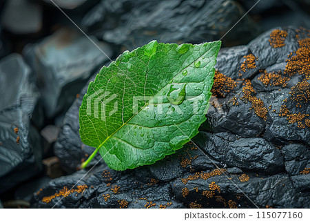 Leaf is on a rock with water droplets on it. Symbol of Day Earth 115077160