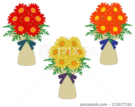 紅色、黃色和橙色瑪格麗特花束 115077192